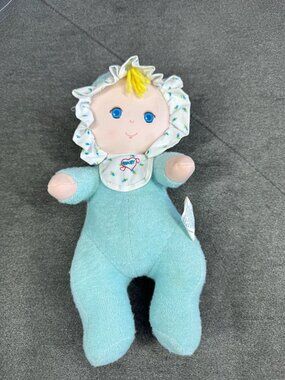 Soft Touch Baby Doll 1980s Plush 10" Light Blue Floral Ruffle Vintage Collectibl